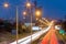 New Belgrade and city highway with light trails at night