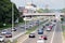 New Belgrade street with pedestrian bridge.