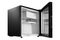 New black refrigerator with an open glass door, mini bar for the hotel, side view, on a white background