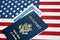New Blue United States of America Passport and Social Security number on US Flag background