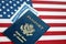 New Blue United States of America Passport and Social Security number on US Flag background