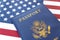 New Blue United States of America Passport on US Flag background