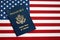 New Blue United States of America Passport on US Flag background