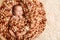 New Born Baby wrapped in Woolen Blanket, Newborn Child lying in Nest. Cute Infant over beige Fluffy Carpet Background