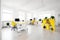 New bright spacious office interior with yellow elements. Generative ai