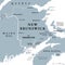 New Brunswick, Maritime and Atlantic province of Canada, gray political map