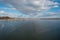 New build wooden brige on frozen lake Chiemsee