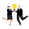 New business idea illustration. Office people in business suits holding in their hands burning light bulb with idea text