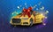 New car presentation, automobile lottery prize, expensive gift 3d realistic vector concept. Passenger car covered red