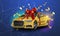 New car presentation, automobile lottery prize, expensive gift 3d realistic vector concept. Passenger car covered red