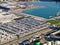 New cars, port of Barcelona, Spain, aerial view