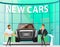 New Cars Presentation in Modern Showroom Cartoon