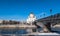 The new Cathedral of Christ the Saviour and the Patriarchy pedestrian bridge over the Moscow River in Moscow. Russia.