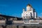 The new Cathedral of Christ the Saviour and the Patriarchy pedestrian bridge over the Moscow River in Moscow. Russia.