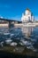 The new Cathedral of Christ the Saviour and the Patriarchy pedestrian bridge over the Moscow River in Moscow. Russia.