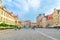 New City Hall, glass fountain on Rynek Market Square in old town historical city centre of Wroclaw, Poland