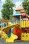 New colorful castle playhouse with slide on children`s playground