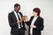 New corporate partners toasting coffee after finalizing business deal, Caucasian woman and African man