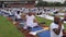 New Delhi, India, June 21, 2023 - Group Yoga exercise session for people at Yamuna Sports Complex in Delhi on International Yoga