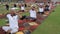 New Delhi, India, June 21, 2023 - Group Yoga exercise session for people at Yamuna Sports Complex in Delhi on International Yoga