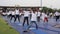 New Delhi, India, June 21, 2023 - Group Yoga exercise session for people at Yamuna Sports Complex in Delhi on International Yoga
