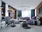 New design of multi-colored living room in contemporary style. Purple furniture, white and black cabinets and shelves, blue walls