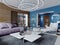 New design of multi-colored living room in contemporary style. Purple furniture, white and black cabinets and shelves, blue walls