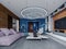 New design of multi-colored living room in contemporary style. Purple furniture, white and black cabinets and shelves, blue walls