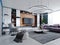 New design of multi-colored living room in contemporary style. Purple furniture, white and black cabinets and shelves, blue walls