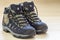 New fashionable hiking mountain boots. Modern leather trekking f