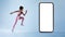New fitness app. Athletic black woman running, exercising near huge mobile phone over blue background, mockup