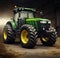 A new green agricultural tractor is in hangar