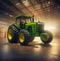 A new green agricultural tractor is in hangar