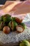 New harvest of ripe fresh Australian macadamia nuts in shell with leaves