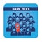 New Hire Button Portraying Different People with Men and Women in Suits and One Person Standing Out as the Person who got Hired