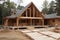 New home construction. build with wooden truss, post and beam framework.