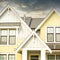 New Home House Pastel Painted Exterior Roof Peak Details Stormy Sky Background