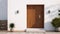 New house with wooden door and empty white wall. large patio in modern home. AI Generative
