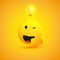 New Ideas - Smiling and Winking Emoji Showing Thumbs Up - Simple Shiny Happy Emoticon with Light Bulb on Yellow Background