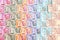 New indian 10, 50, 100, 200, 500 and 2000 rupees banknotes. Colorful cash money pattern background