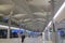 New Istanbul Airport shining futuristic modern interior design in one of the gates walkway with escalators