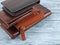 New leather multicolored wallets on wooden background