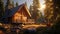 a new log cabin nestled in the wilderness, surrounded by towering trees and bathed in warm, golden sunlight.