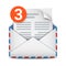 New message notification, three incoming messages, mail or email icon. Opened envelope with letter and message counter