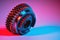 New metal gears spare parts for gearbox in two colors red and blue. Conceptual image of the mechanical elements of the