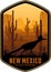 New Mexico vector label with Greater Roadrunner in desert with saguaro