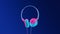 New modern device in neon. White headphones with wires on blue background