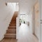 New modern empty house with wooden stairs, Interior of stylish house corridor, entry, staircase luxury home, wood floor empty