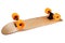New modern skateboard with orange wheels, inverted, white background