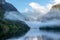 A new morning dawning at Doutful Sound, clouds hanging low in the mountains, Fiordland National Park, New Zealand